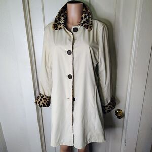 Dennis Basso Cream Trench Coat with Leopard Accents